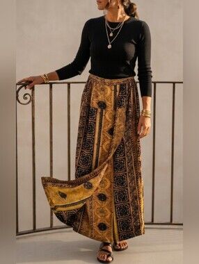 100% Silk Baroque-style Wrap-front Midi Skirt / Sz XS / Mustard-gold, Black
